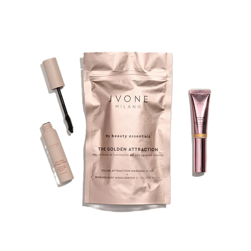 JVONEMY BEAUTY ESSENTIALS THE GOLDEN ATTRACTION  MASCARA VOLUME + WONDER PUFF