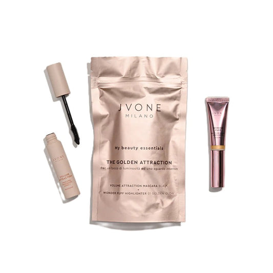 JVONEMY BEAUTY ESSENTIALS THE GOLDEN ATTRACTION  MASCARA VOLUME + WONDER PUFF